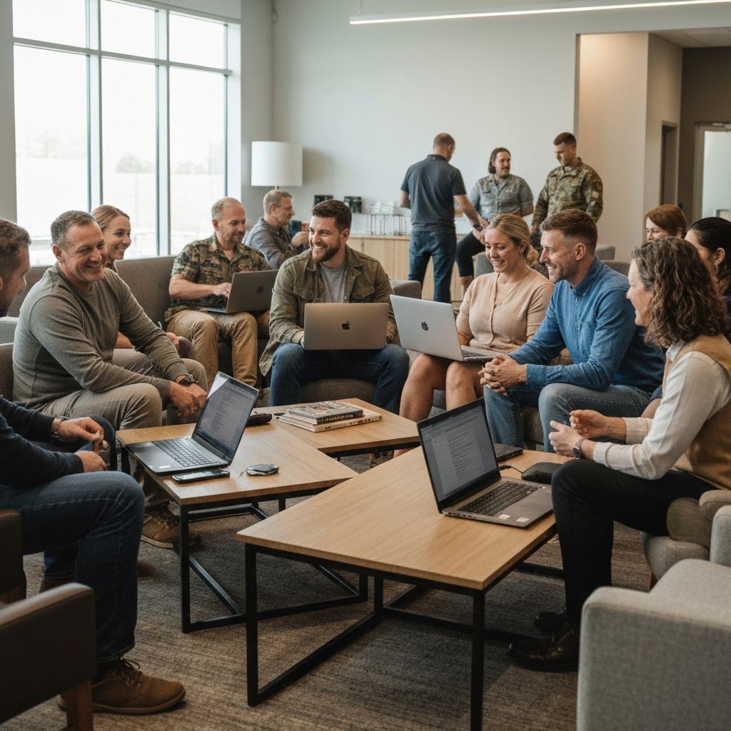 Veterans in a community setting with laptops