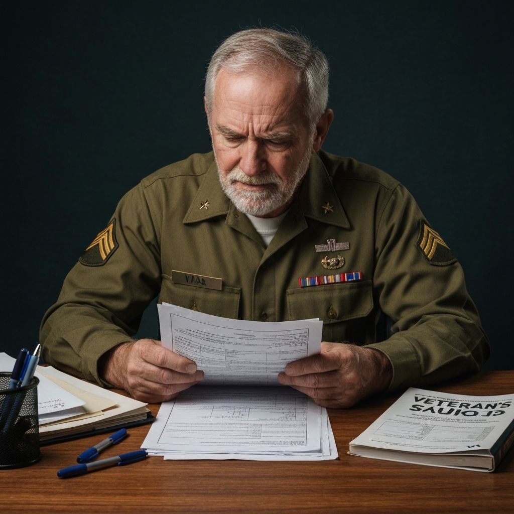 Confused veteran reviewing VA paperwork